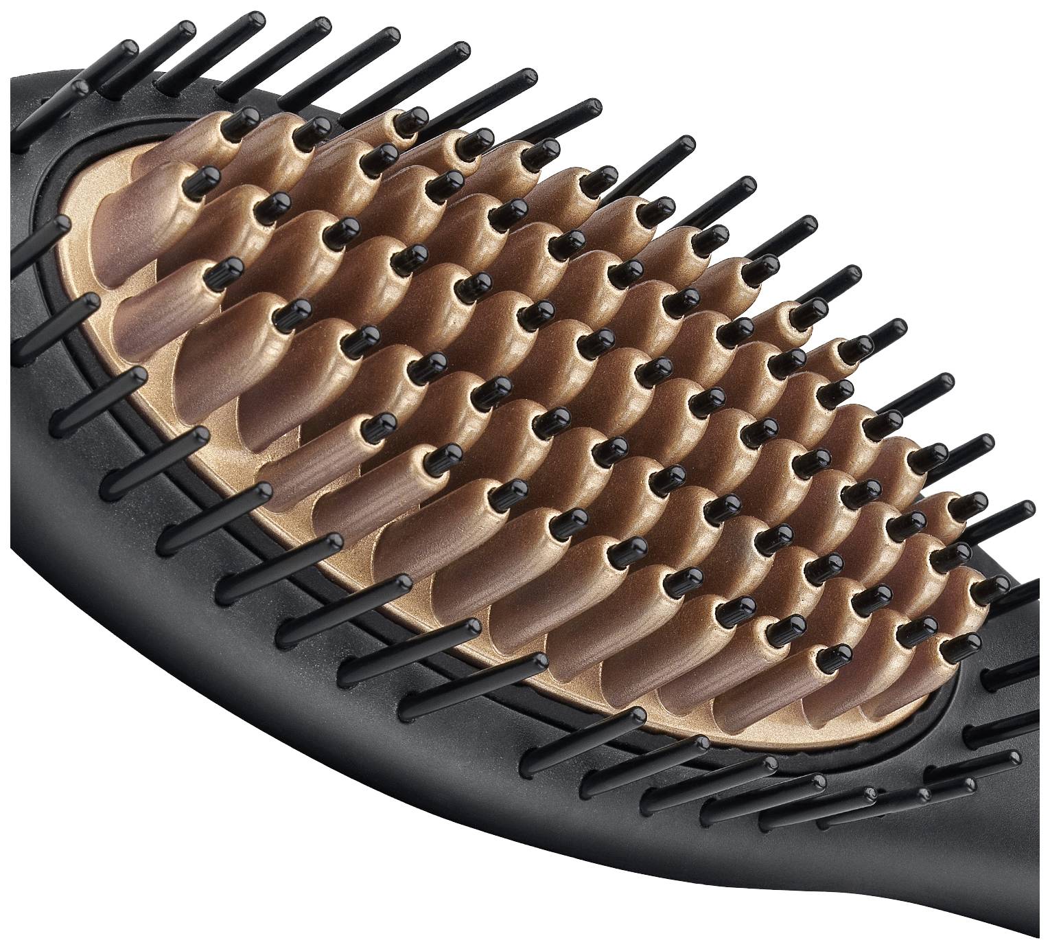 Gros plan sur une brosse à cheveux avec des poils noirs et une tête de couleur cuivrée. Caractéristique principale : poils répartis de manière uniforme.