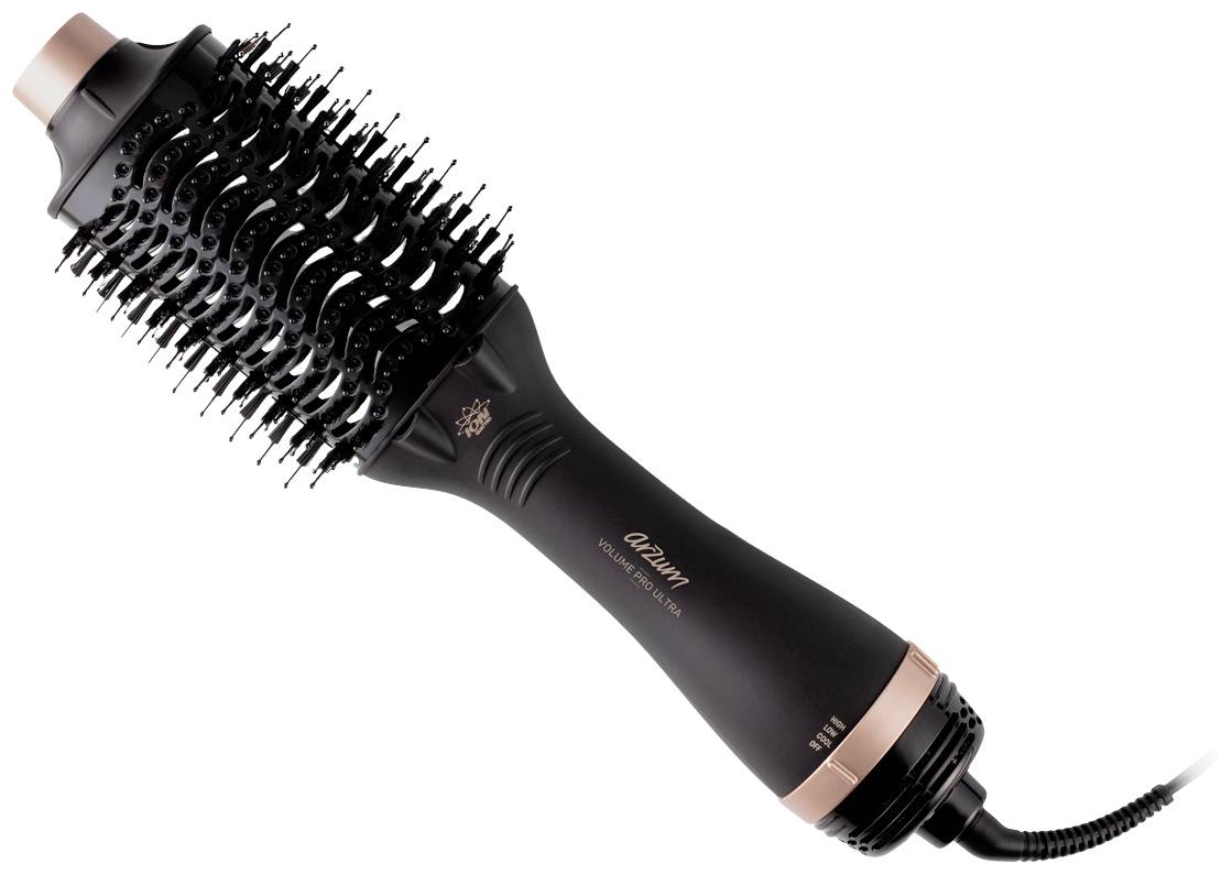 Sèche-cheveux noir, cylindrique, avec embout de brosse ronde et des touches or rose, conçu pour sécher et styliser les cheveux simultanément.
