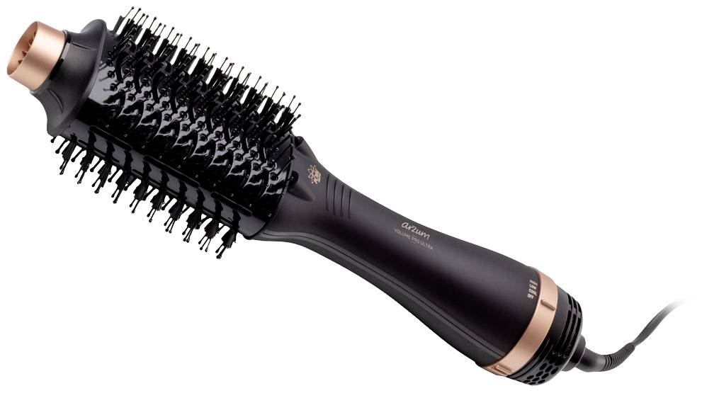 Une brosse à air chaud ovale noire avec des poils et des éléments en cuivre ; adaptée pour sécher et styliser les cheveux.