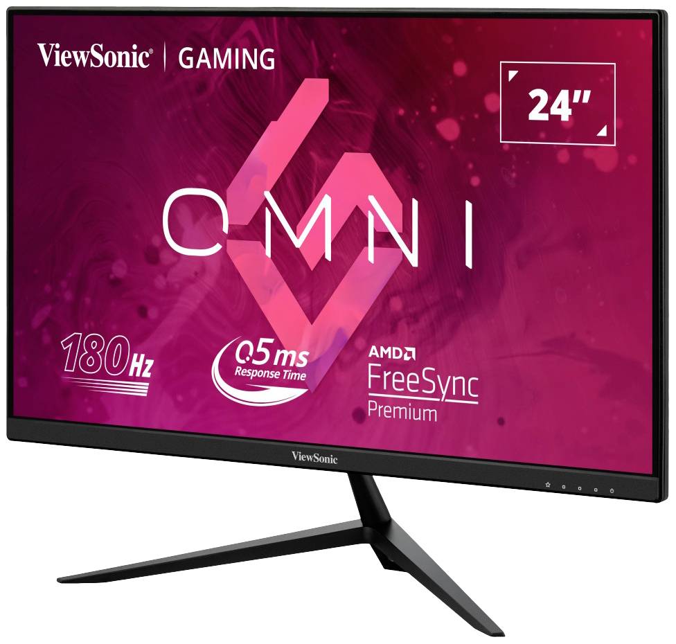 Un moniteur gaming de ViewSonic avec un écran de 24 pouces, un taux de rafraîchissement de 180 Hz, un temps de réponse de 0,5 ms et AMD FreeSync Premium.