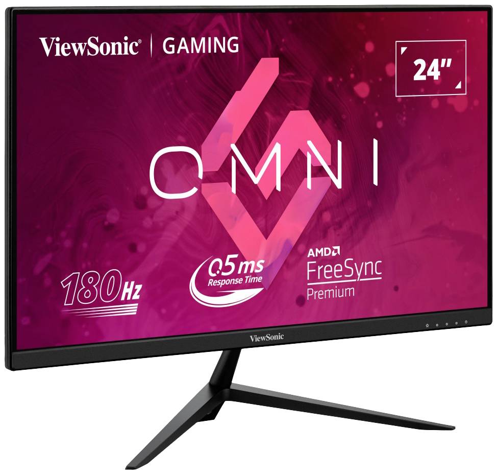 Un moniteur gaming ViewSonic de 24 pouces avec 180 Hz, un temps de réponse de 0,5 ms et AMD FreeSync Premium.