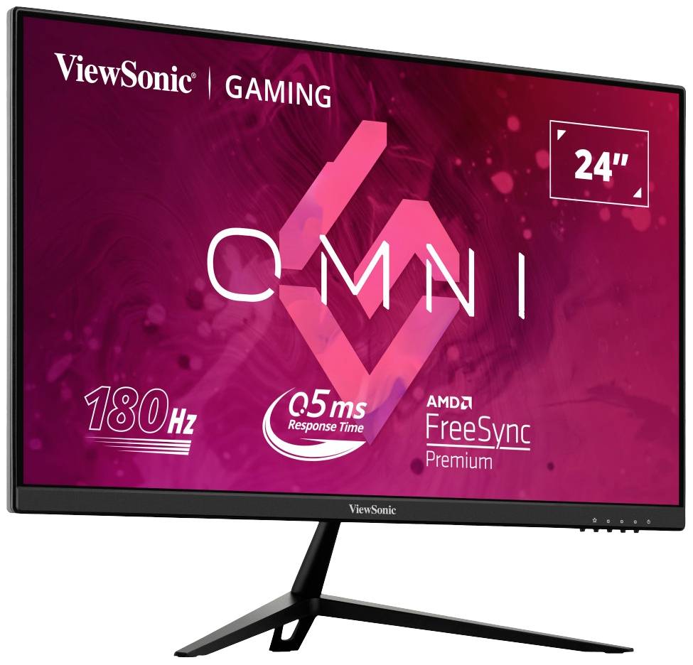 Image d'un écran gaming ViewSonic de 24 pouces, 180 Hz, temps de réponse de 0,5 ms, compatible AMD FreeSync Premium.