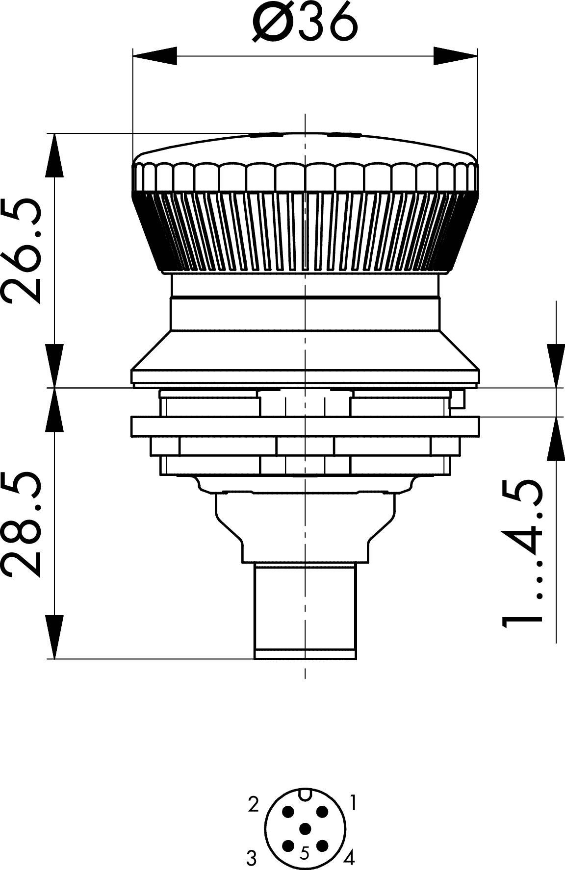 Dessin technique d'un commutateur rotatif avec dimensions : diamètre 36 mm, hauteur 26,5 mm partie supérieure, 28,5 mm partie inférieure. Face inférieure avec connexion 5 pôles.