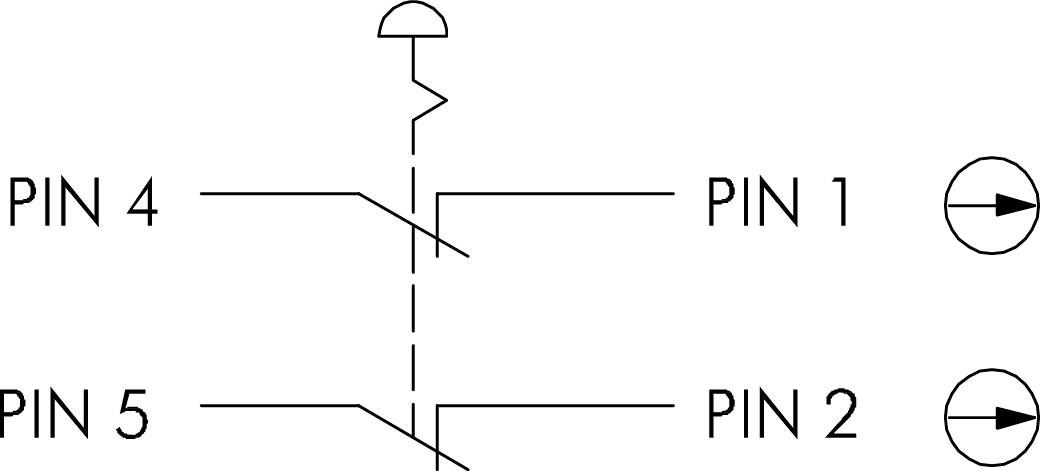Symbole de commutation avec transistor : connexion de la broche 4 à la broche 1 et de la broche 5 à la broche 2. Les broches 1 et 2 sont respectivement marquées avec des symboles de diodes.