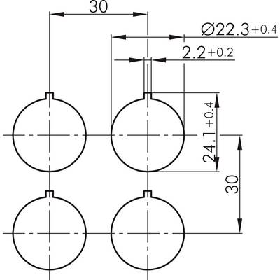 Dessin technique : Quatre cercles de diamètre 22,3 mm, disposés horizontalement et verticalement avec un espacement de 30 mm. Dimensions et tolérances indiquées.