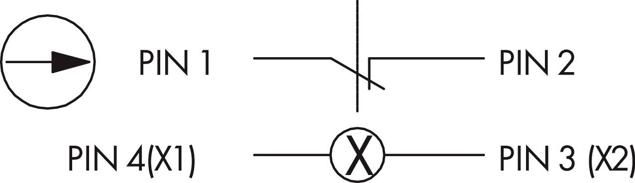 Le schéma montre une diode, un interrupteur simple et une connexion croisée, étiquetés 'Pin 1', 'Pin 2', 'Pin 3 (X2)', 'Pin 4 (X1)'.