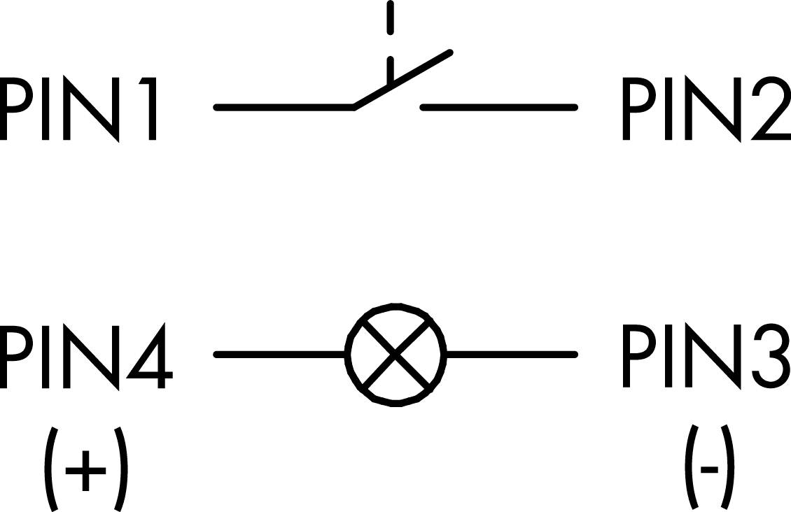 'Schéma de circuit : Un interrupteur en haut entre la PIN1 et la PIN2. En bas, une diode entre la PIN4 (+) et la PIN3 (-).'