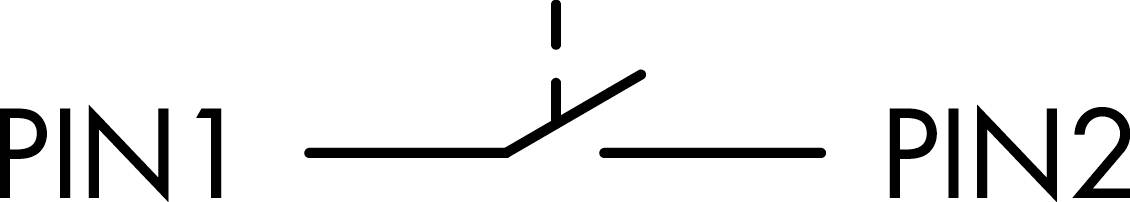 Commutateur électrique : Symbole représentant une position entre deux broches 'PIN1' et 'PIN2', ouvert. Interrompt le flux de courant entre les deux broches.