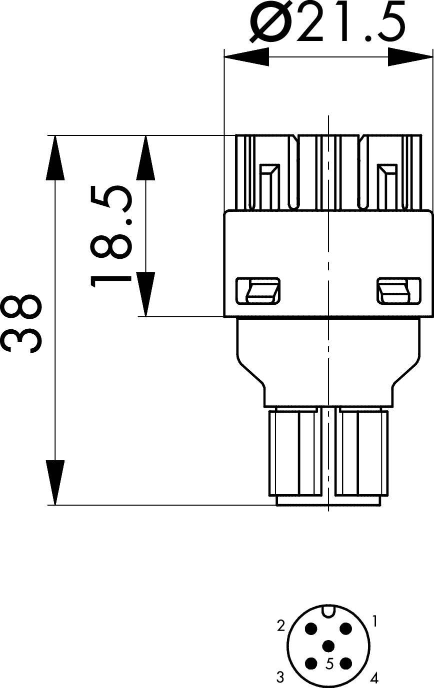 Fiche électronique avec dimensions techniques : hauteur 38 mm, largeur 21,5 mm. Deux broches sur la partie supérieure, cinq broches disposées en motif circulaire sur la partie inférieure.