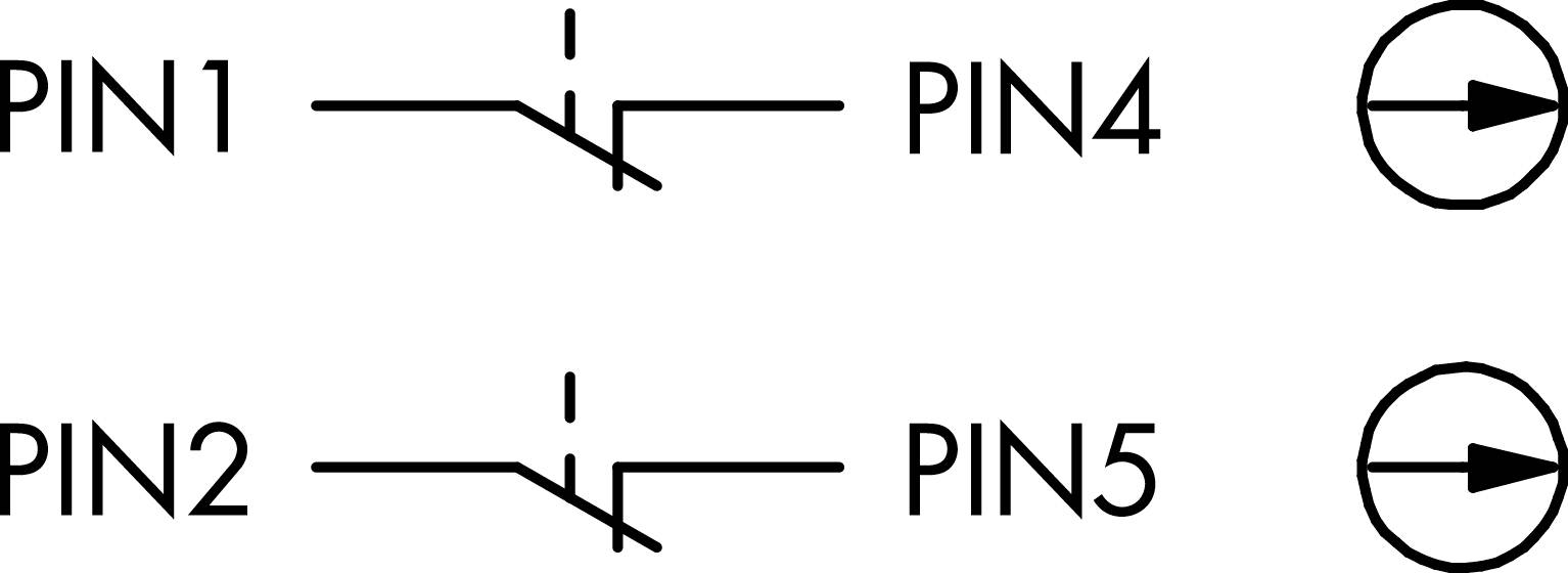 'Schéma de connexion des symboles de commutation avec PIN1 à PIN4 et PIN2 à PIN5 connectés, avec des voyants lumineux à chaque extrémité.'