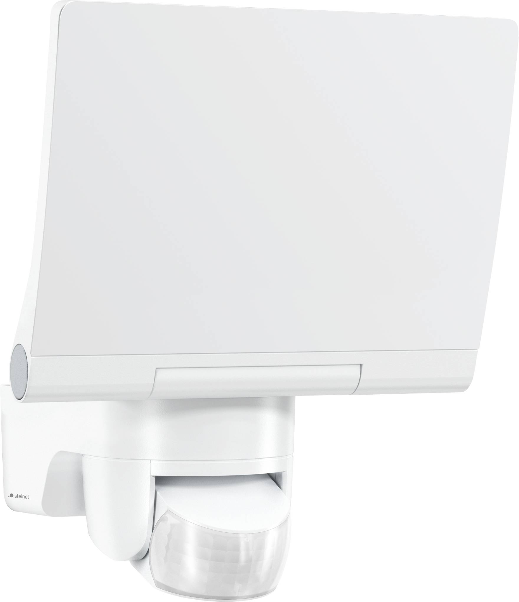 Luminaire de détection de mouvement blanc fixé au mur avec une large tête de lampe rectangulaire et un capteur arrondi en dessous.