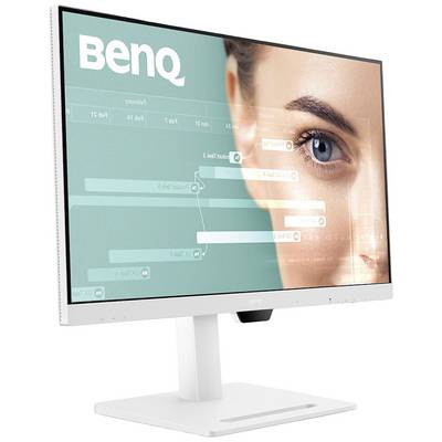 Un moniteur blanc BenQ affiche la moitié d'un visage de femme et un écran avec des éléments d'interface utilisateur.
