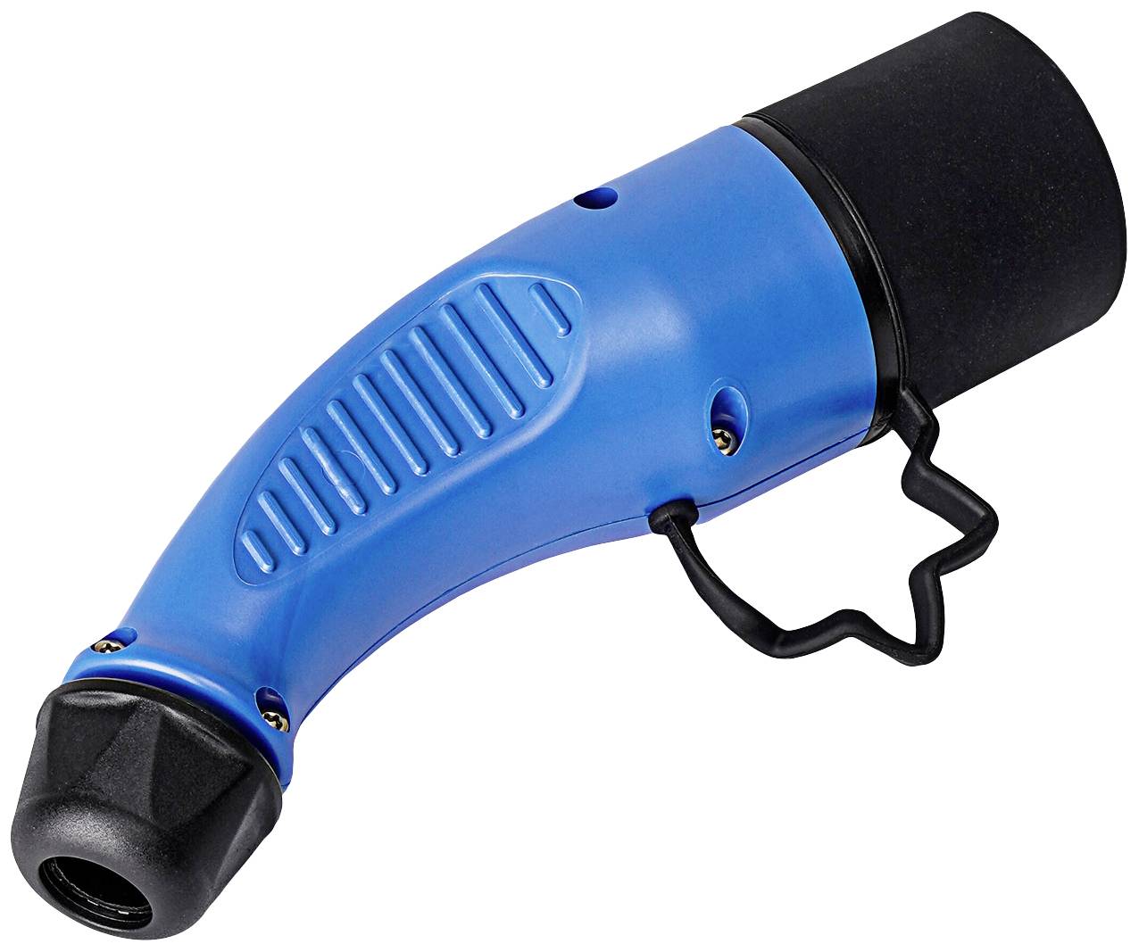 Poignée d'outil électrique bleu avec design ergonomique et housse de protection noire.