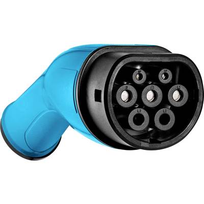 Un connecteur de type 2 bleu pour véhicules électriques sur un fond blanc, destiné à la charge des voitures électriques.