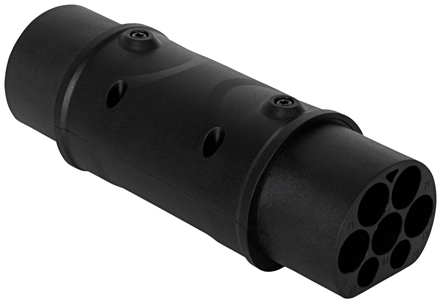 Un connecteur de câble noir, cylindrique, doté de plusieurs ouvertures, adapté à la connexion de lignes électriques dans des applications industrielles.