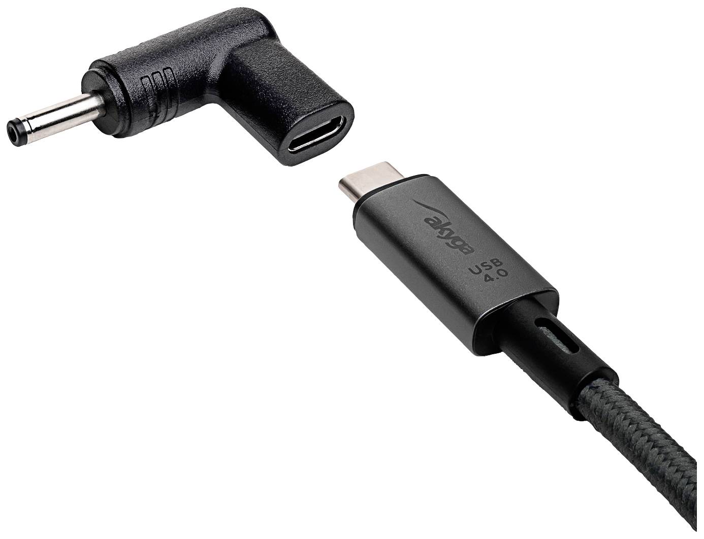 Un adaptateur de charge USB-C vers DC avec connecteur coudé en matériau noir. La fiche USB-C est marquée "USB 4.0".