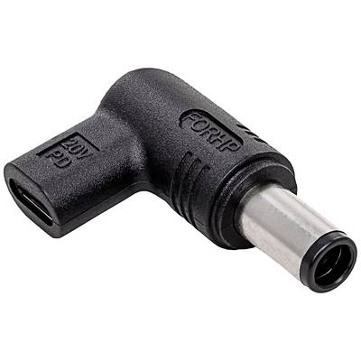 Un adaptateur noir avec un port USB-C d'un côté et une fiche métallique ronde de l'autre, compatible avec les appareils HP.
