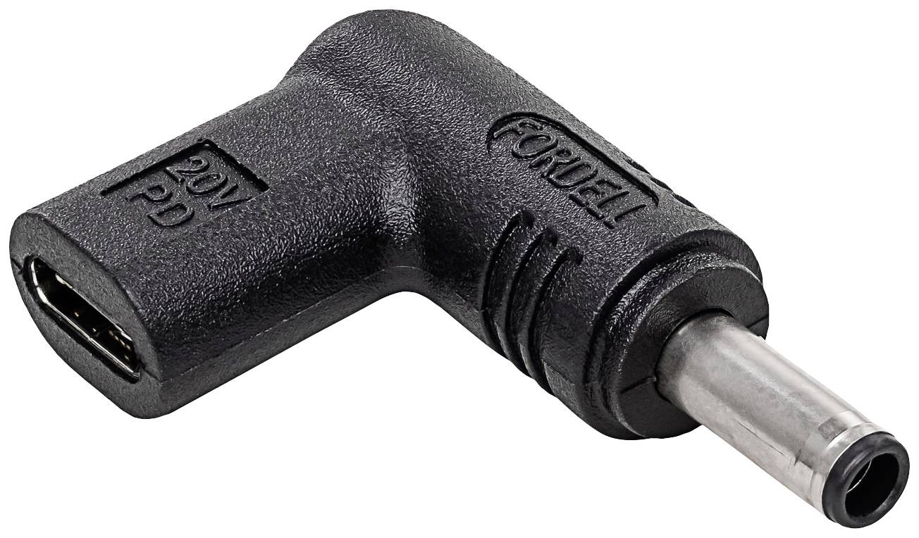 Adaptateur pour alimentation électrique, noir, avec port USB-C d'un côté et un connecteur DC cylindrique de l'autre, adapté aux appareils électroniques.