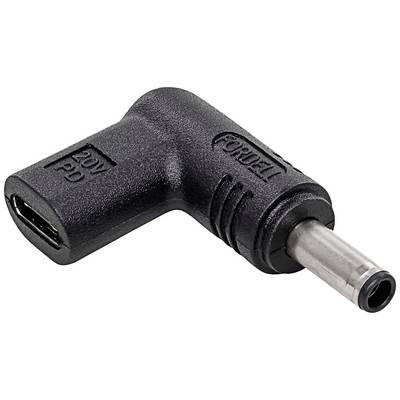 Adaptateur pour alimentation électrique, noir, avec port USB-C d'un côté et un connecteur DC cylindrique de l'autre, adapté aux appareils électroniques.