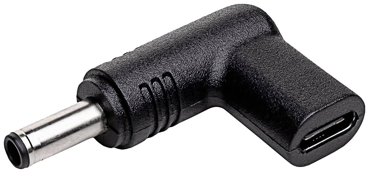 Un adaptateur d'angle noir avec une pointe en métal, adapté aux appareils électroniques, est représenté sur l'image.