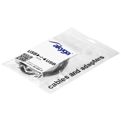 Un emballage transparent contenant un câble USB de 3 mètres portant l'inscription 'akyga USB'. Texte : 'cables and adapters', Modèle 'AK-USB-19'.