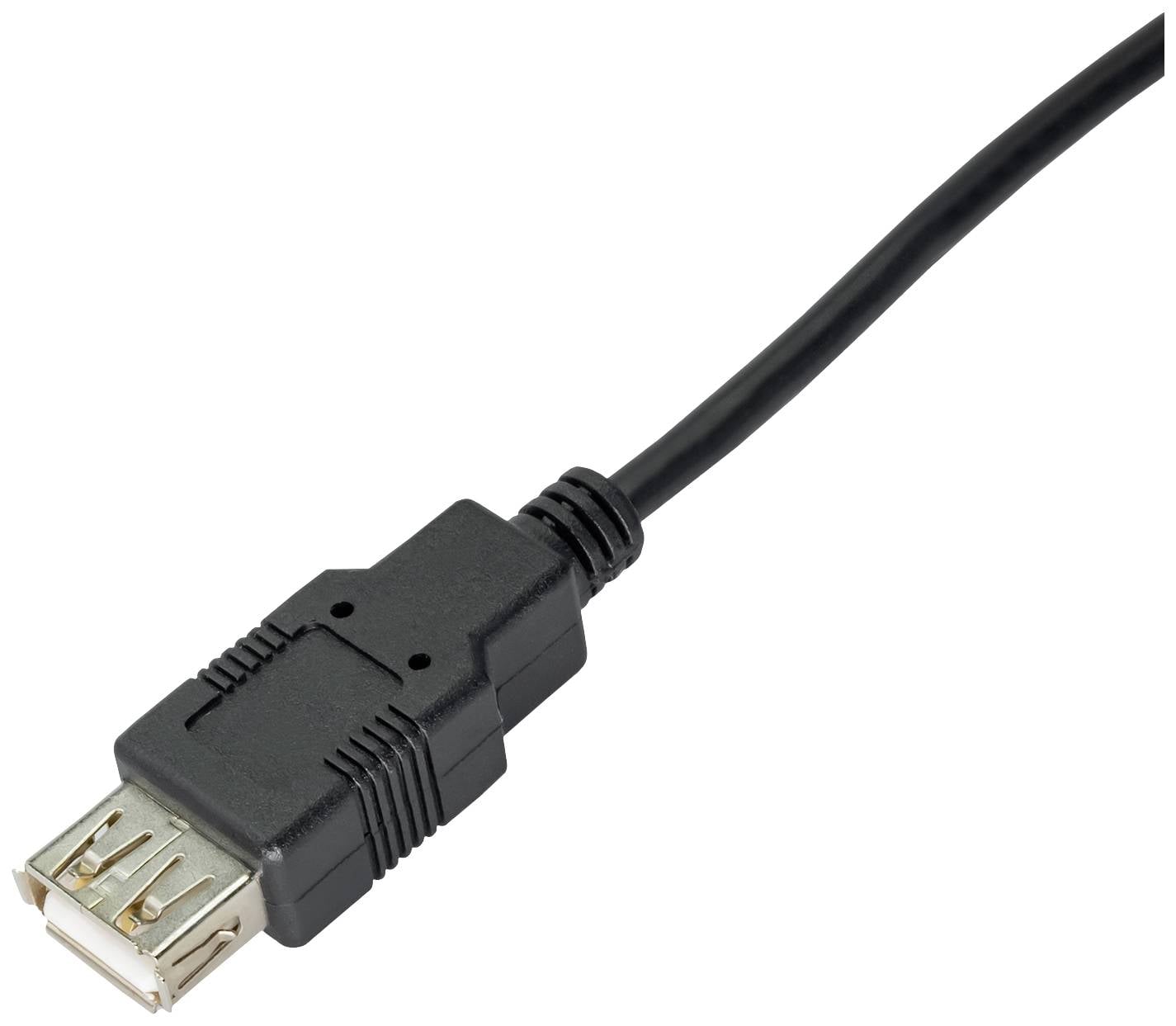 Câble USB noir avec connecteur femelle, adapté pour le transfert de données ou la charge d'appareils électroniques.