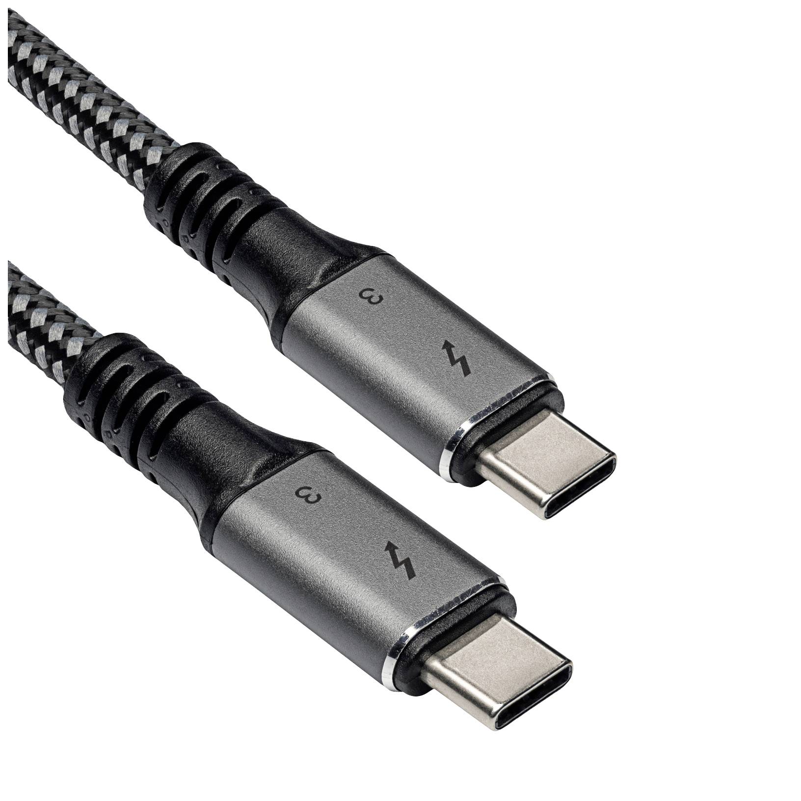 Deux câbles USB-C noirs tressés avec logo Thunderbolt sur les connecteurs, adaptés pour un transfert de données rapide et la recharge.
