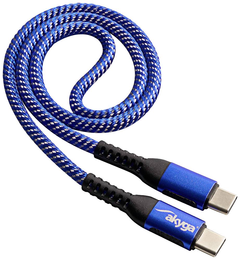 Un câble USB-C bleu au design tressé avec deux fiches identiques, portant la marque 'akyga'.