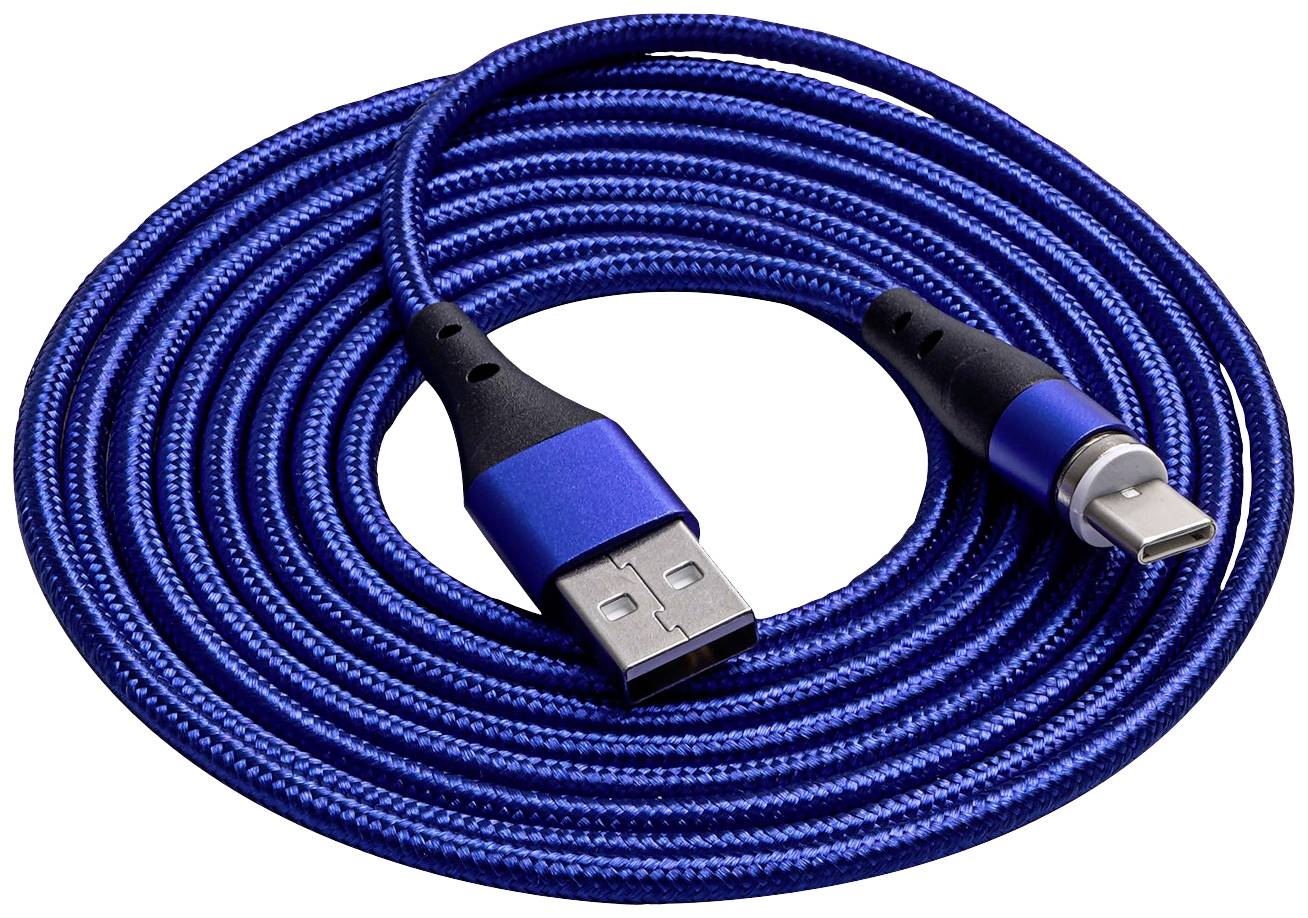 Câble USB bleu avec connecteurs USB-A et USB-C, torsadé et enroulé.