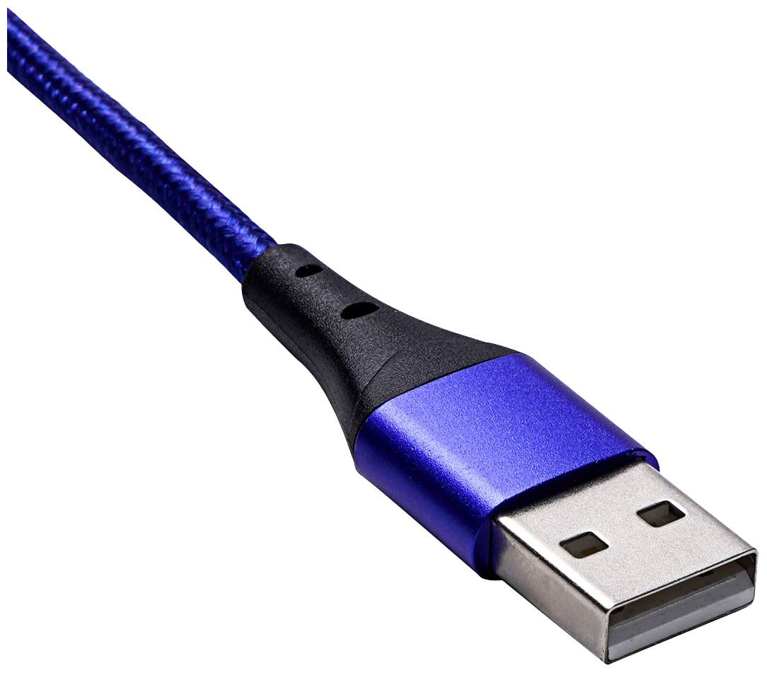 Un câble USB bleu avec un connecteur noir est posé sur un fond blanc.