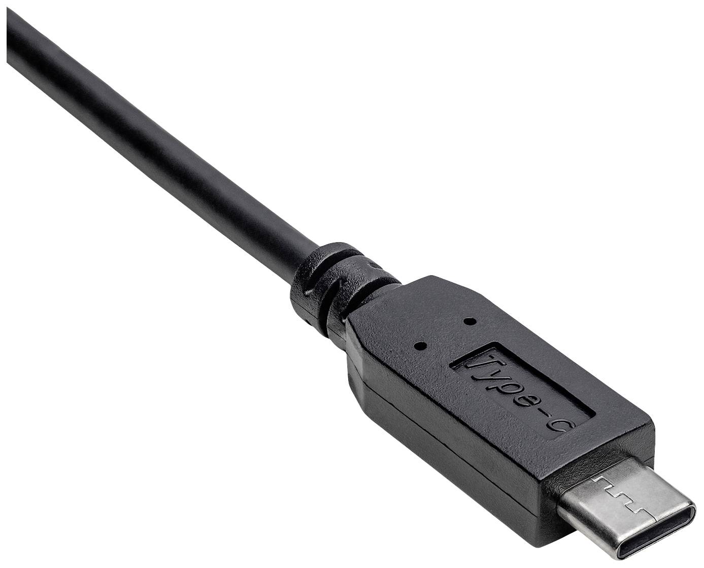 Câble USB-C noir, gros plan du connecteur. Adapté pour la connexion à des appareils électroniques compatibles pour le transfert de données ou la charge.