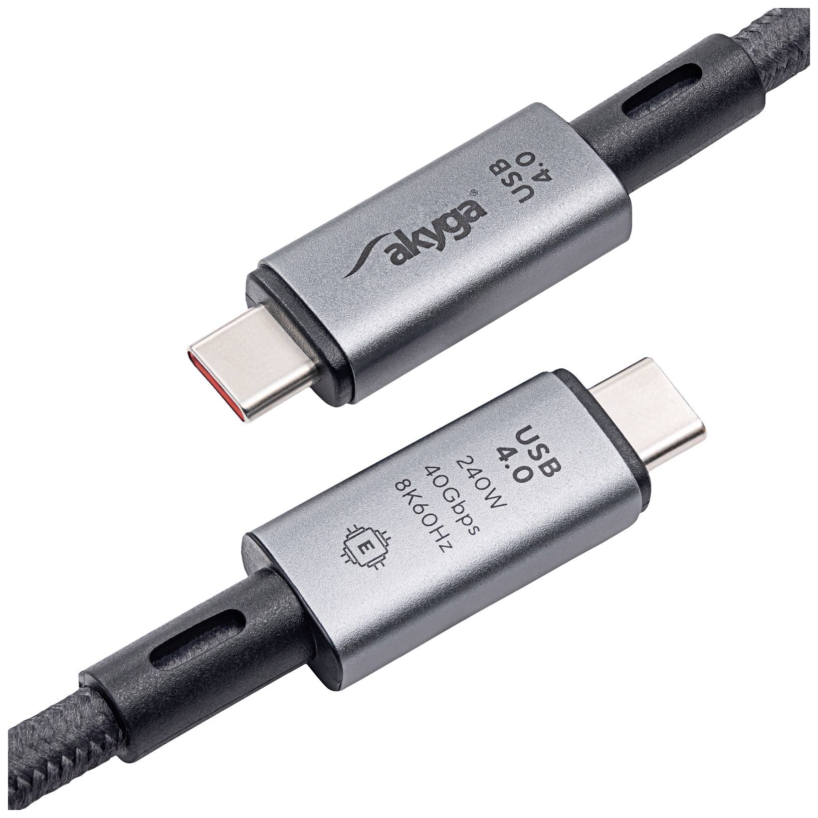 Deux fiches USB-C avec les inscriptions « USB 4.0 », « 240W », « 40 Gbps » et « 8K@60 Hz », reliées par un câble tressé.