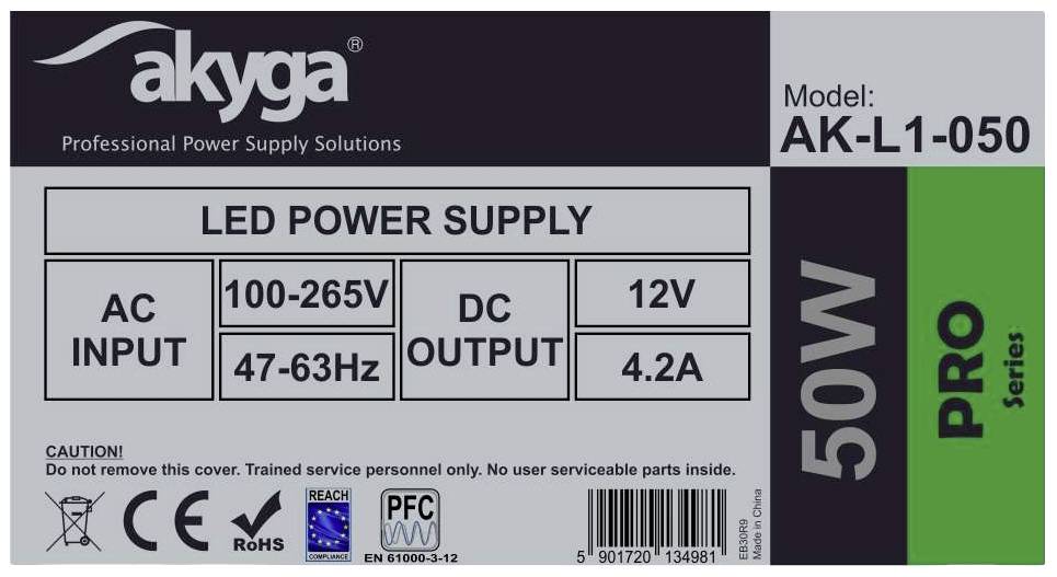 Étiquette d'alimentation : Modèle AK-L1-050, Entrée 100-265V, 47-63Hz, Sortie 12V, 4,2A, 50W, pour LED, avec certificats et avertissement.