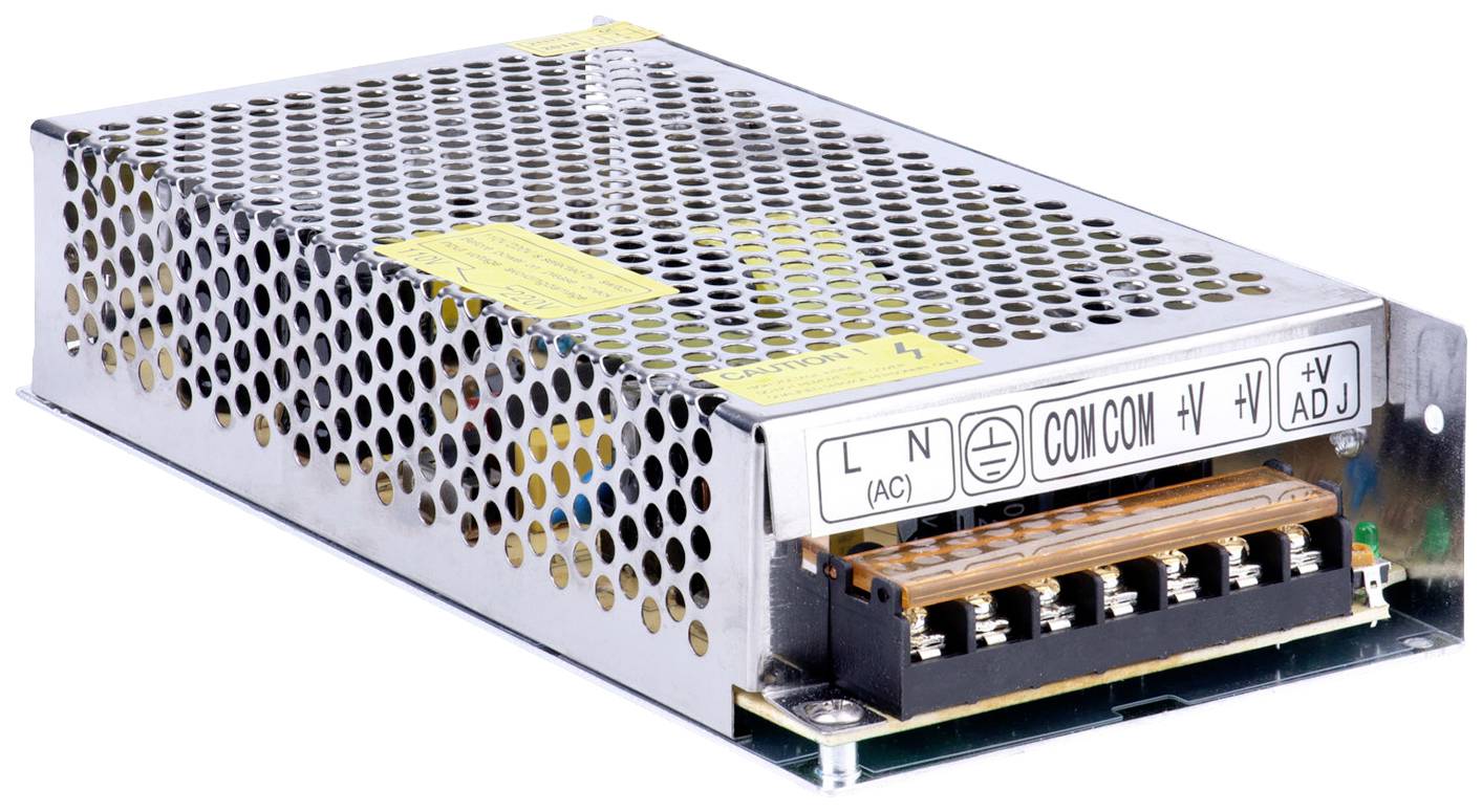 Bloc d'alimentation métallique avec bornes de connexion étiquetées pour les réglages de tension et l'alimentation électrique dans les applications industrielles.