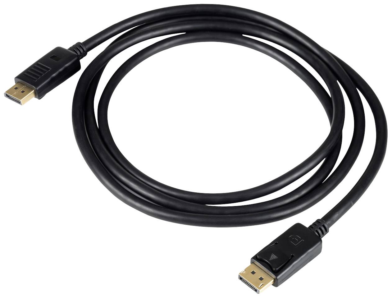 Un câble DisplayPort noir avec deux connecteurs, utilisé pour connecter un moniteur à un ordinateur.