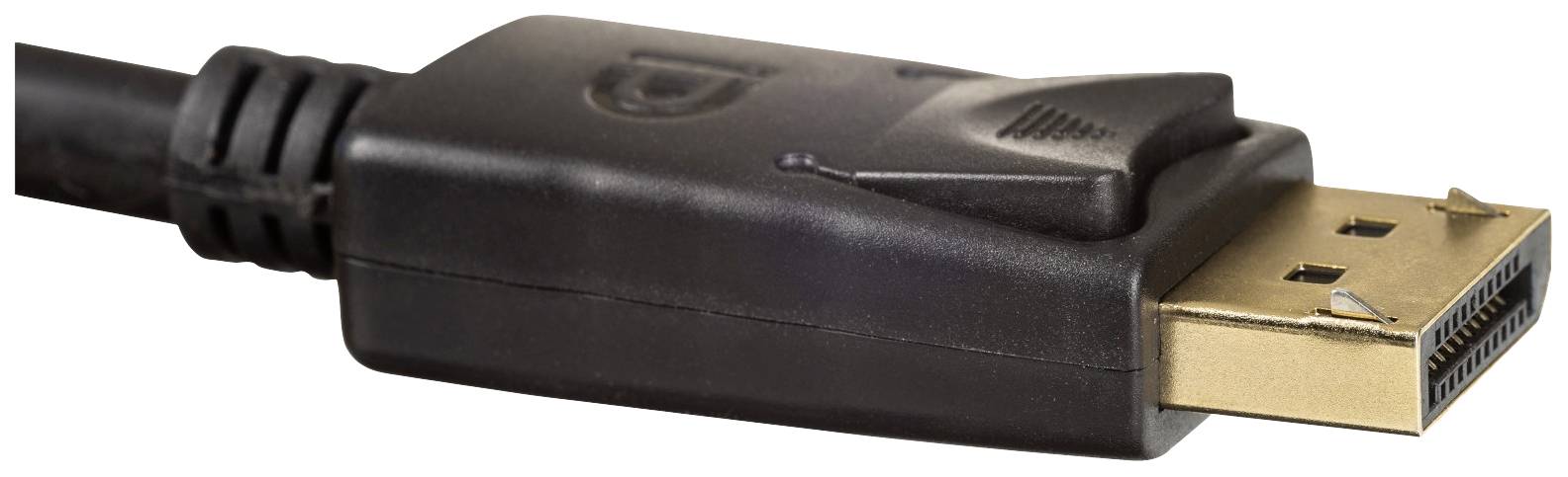 Un câble noir avec une fiche DisplayPort en métal, utilisé pour connecter des ordinateurs à des écrans.