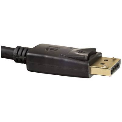 Un câble noir avec une fiche DisplayPort en métal, utilisé pour connecter des ordinateurs à des écrans.