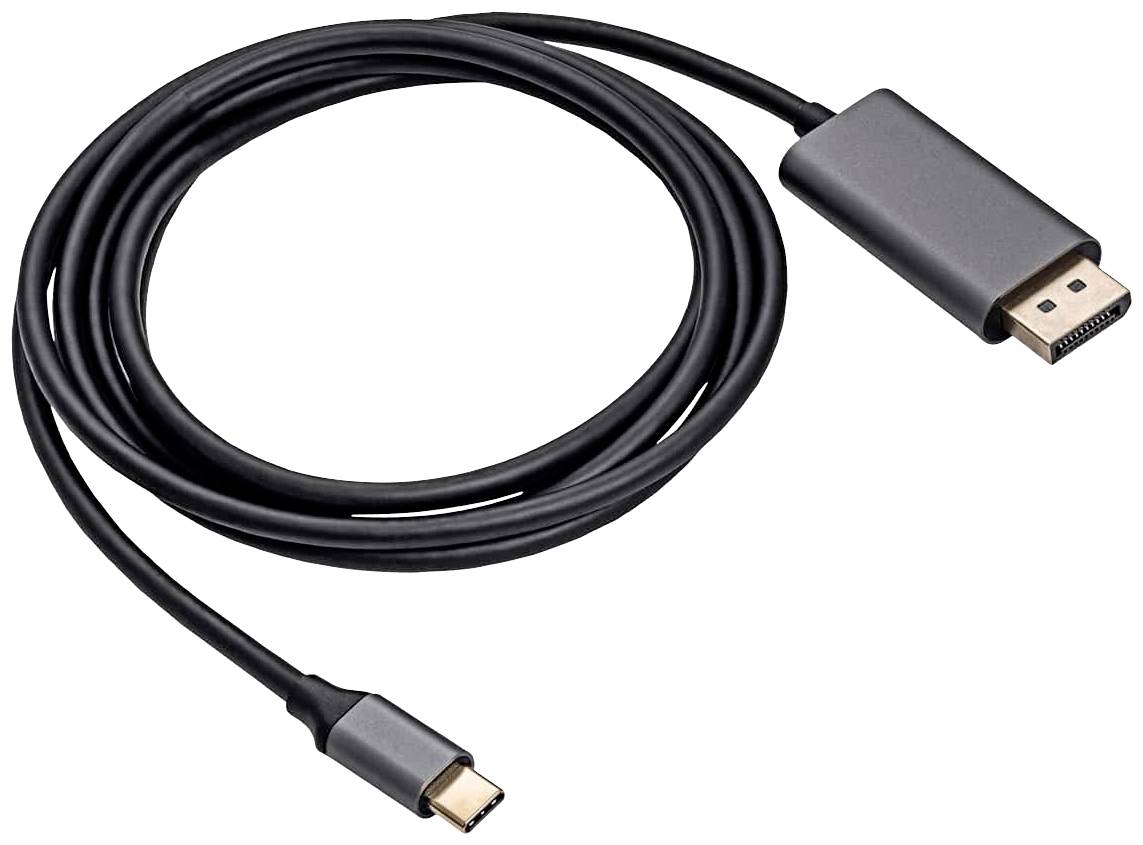 Un câble noir USB-C vers DisplayPort est enroulé.