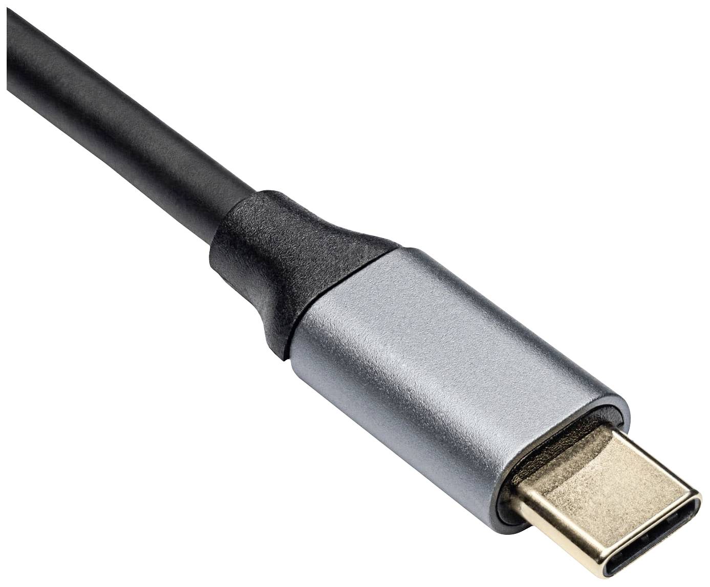 Gros plan sur un connecteur USB-C, montrant l'extrémité d'un câble noir avec une fiche argentée, symbole de connectivité universelle.