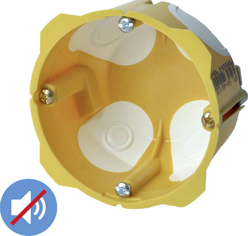 Boîte de dérivation ronde jaune en plastique à encastrer, avec quatre trous de vis. En bas à gauche, un symbole de haut-parleur barré d'une ligne rouge.