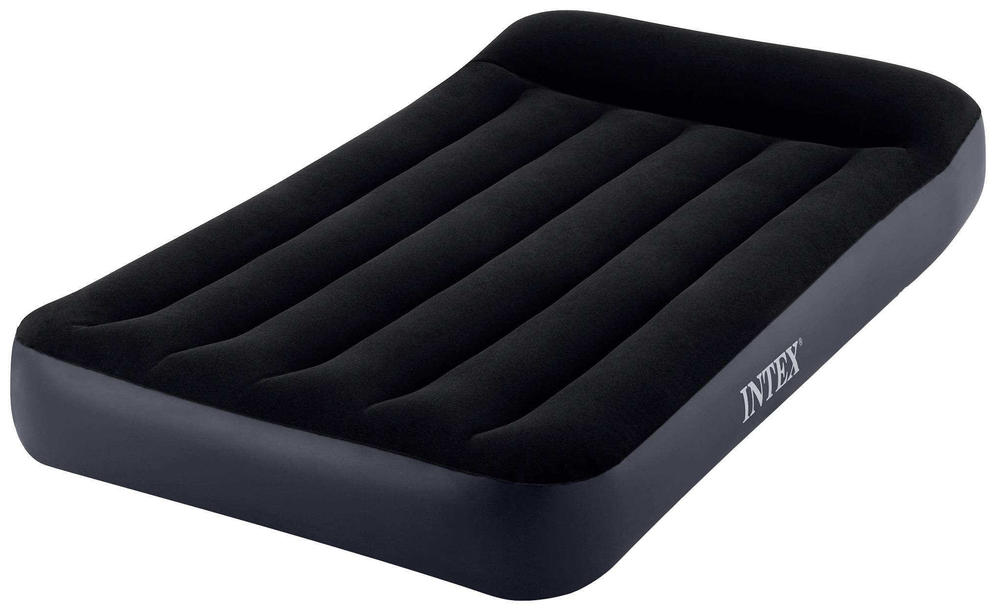 Matelas pneumatique noir avec bord surélevé, portant la mention 'Intex' sur le côté.