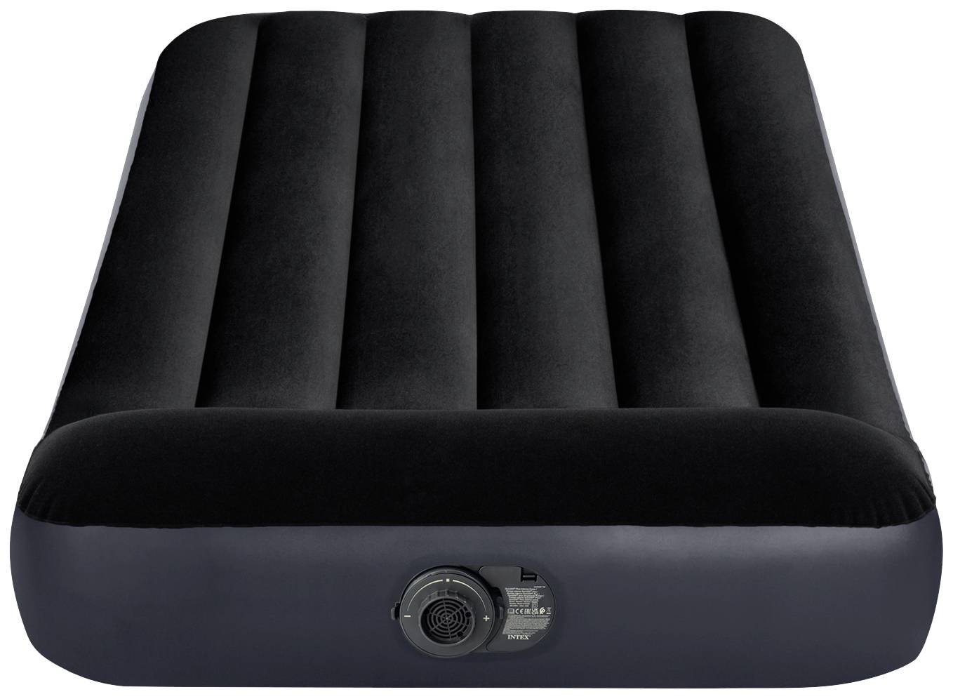 Matelas pneumatique noir avec plusieurs chambres à air verticales et pompe intégrée sur le devant. Idéal pour le camping et les invités.