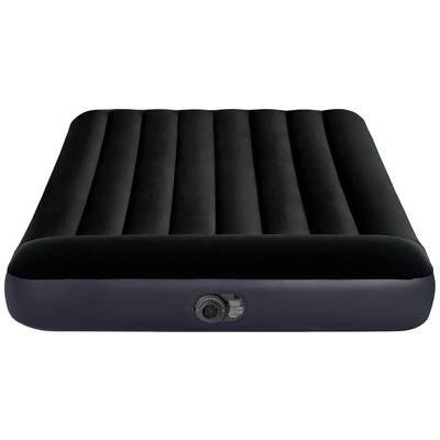 Matelas gonflable noir avec des rayures horizontales ; la valve visible à l'avant.