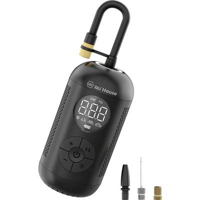Pompe électrique portable noire avec affichage numérique indiquant la pression en BAR et PSI. Comprend des accessoires pour différents types de valves.