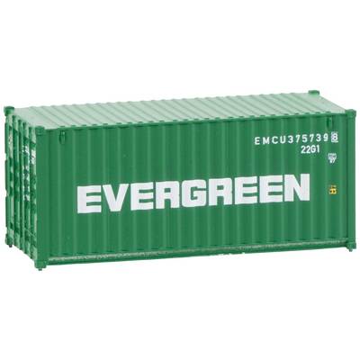 Conteneur de fret vert portant l'inscription 'EVERGREEN', utilisé pour le transport de marchandises.