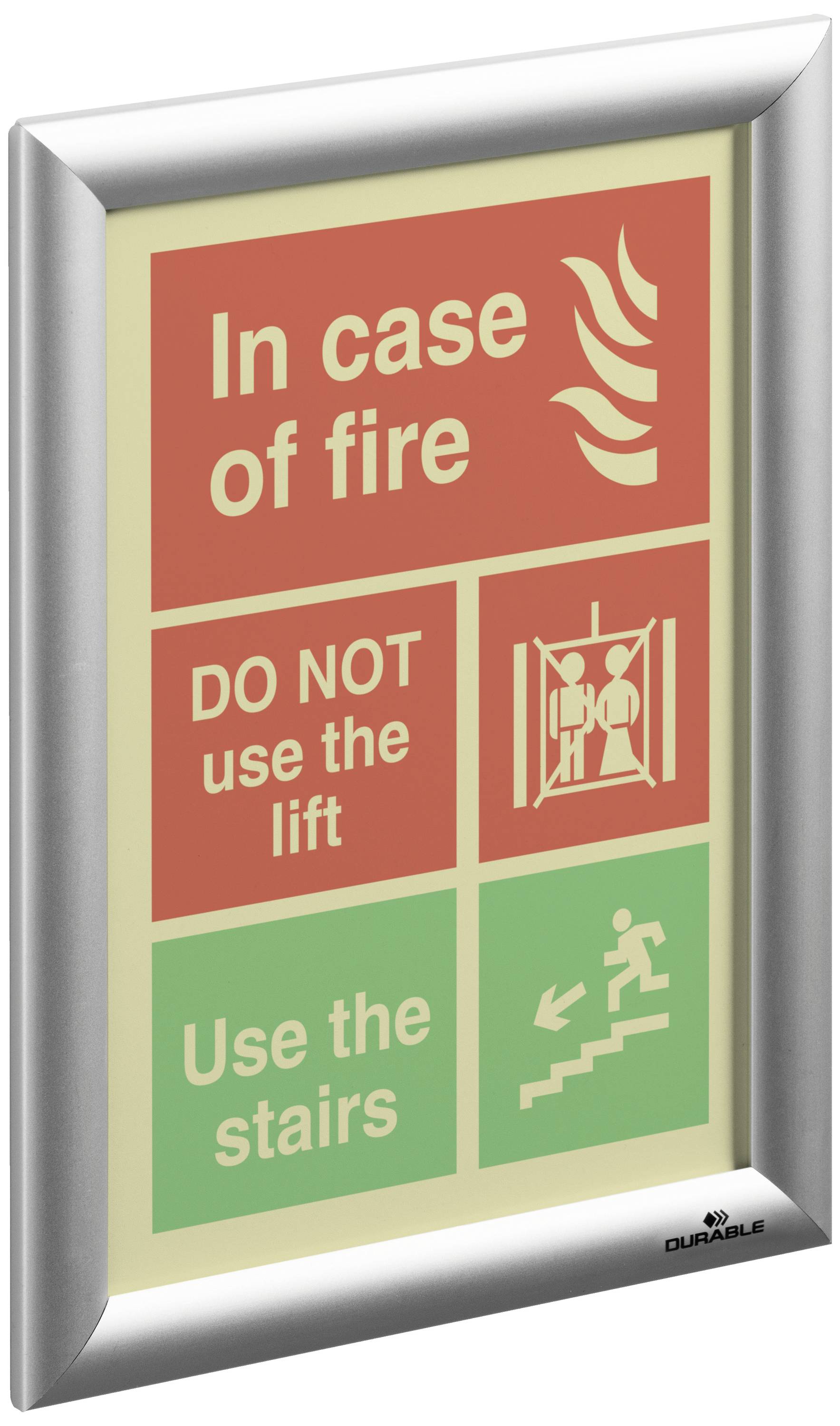 Panneau "En cas d'incendie" : Ne pas utiliser l'ascenseur, emprunter l'escalier. Icônes : Feu, Ascenseur avec panneau d'interdiction, Cage d'escalier.