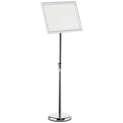 Un écran sur pied en argent, réglable en hauteur, avec un cadre rectangulaire vide en haut, adapté aux présentations ou à des fins d'information.
