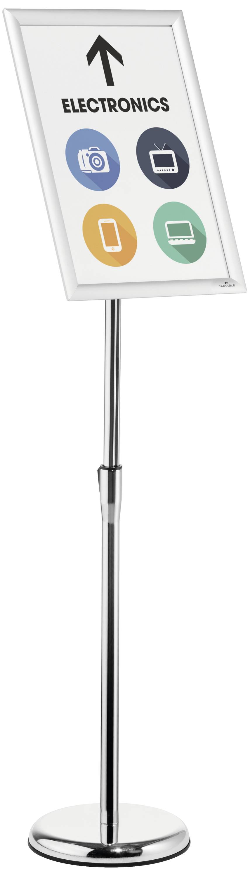 Un panneau montre une flèche pointant vers le haut avec le texte « Électronique » et des symboles de caméra, téléviseur, smartphone et ordinateur portable.