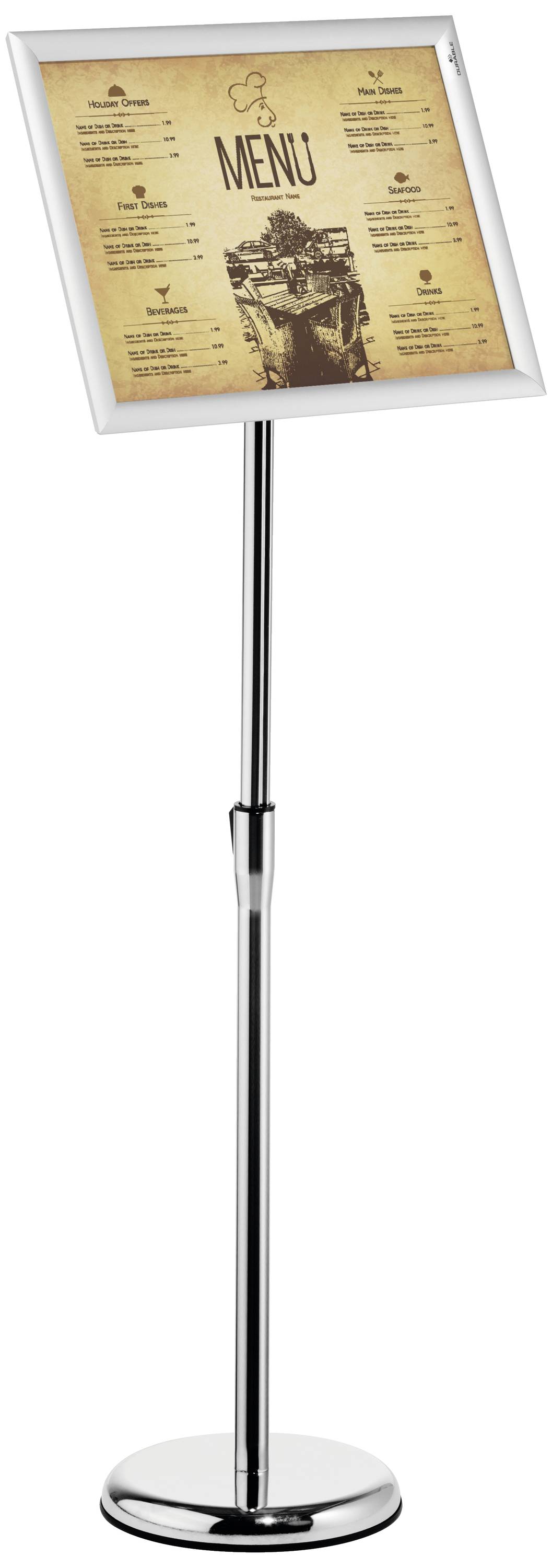 Carte de menu sur un support, présentant divers plats, encadrée dans un style classique avec une image décorative au centre.