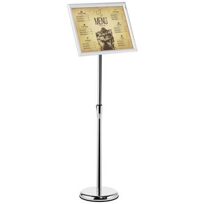 Carte de menu sur un support, présentant divers plats, encadrée dans un style classique avec une image décorative au centre.